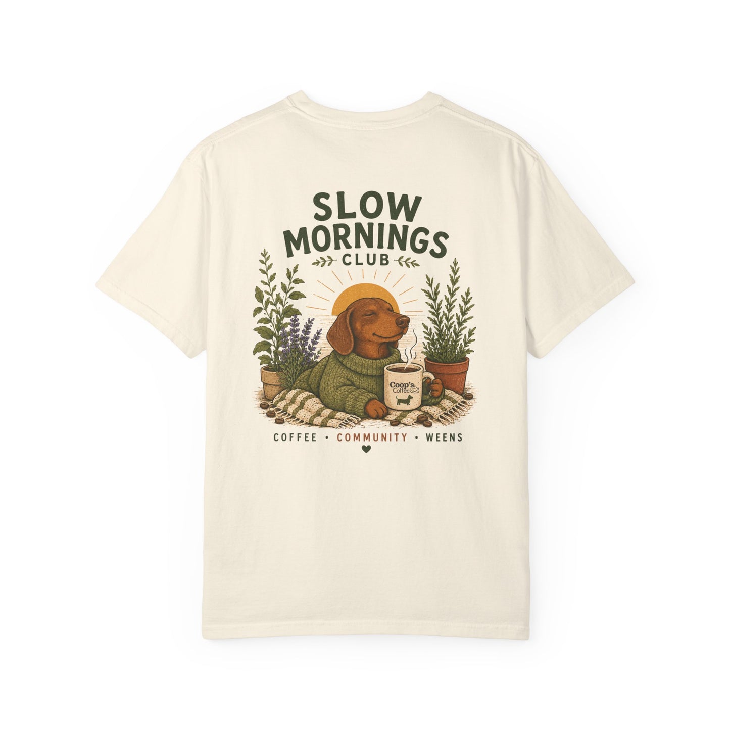 Slow Mornings Club Coffee Dachshund T-Shirt Unisex