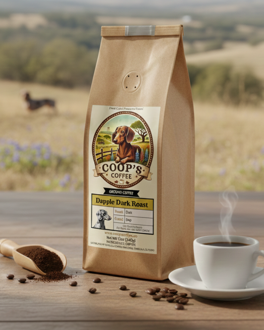 Coop's Coffee bag with a scenic background